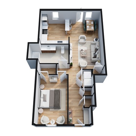 Floor plan for 1 bed, 1 bath, 764 sqft